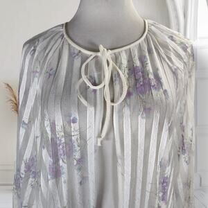 Vintage Val Mode Sheer Shadow Stripe Robe Size XS White Purple Floral Print